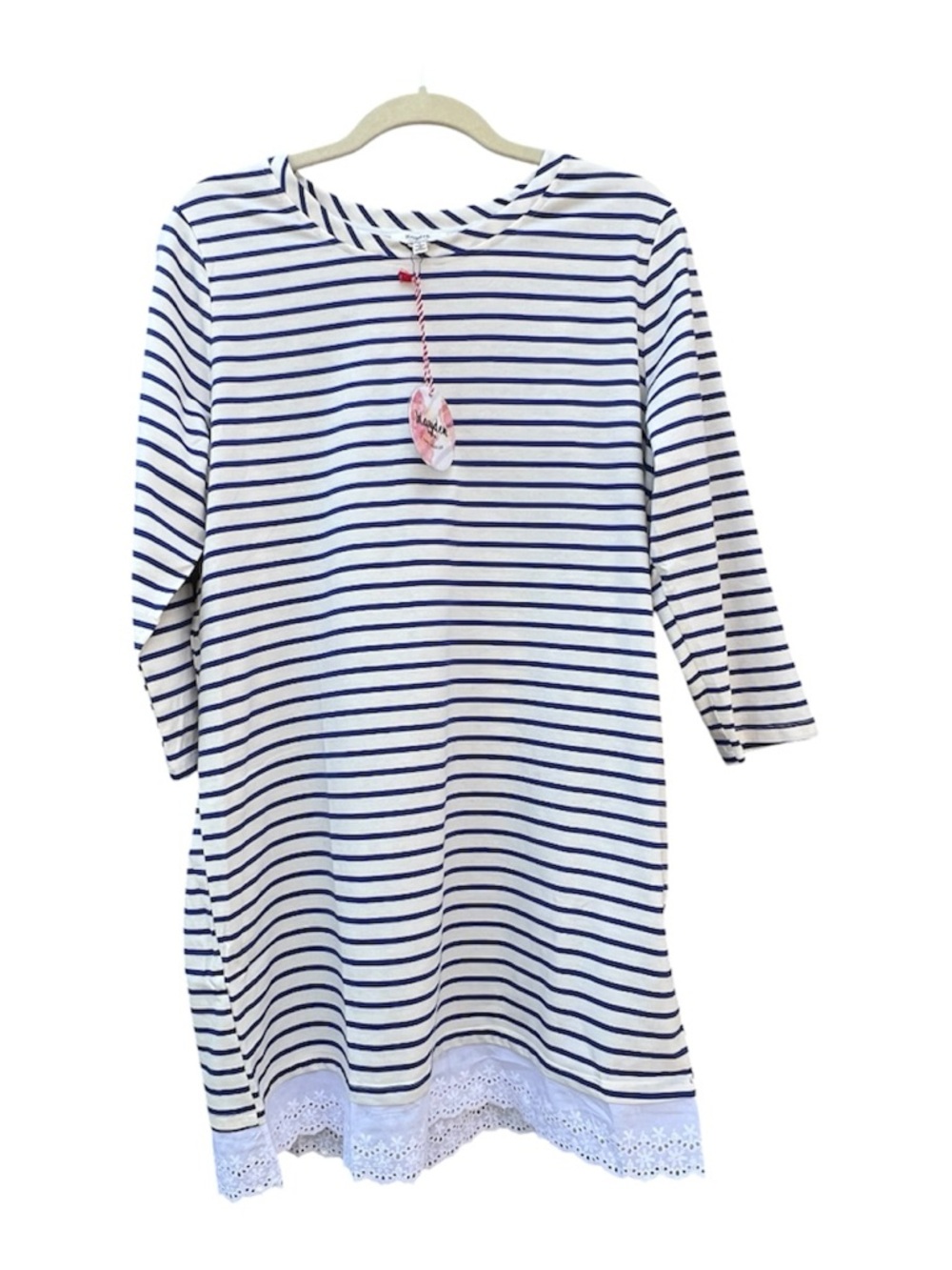 Hayden Los Angeles NWT Blue White Stripe Lace Hem Shirt Dress Large Boho Coastal
